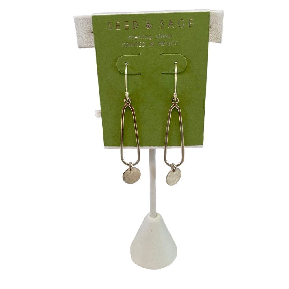 Seed & Sage Hammered Silver Toned Long Drop Small Disc Earrings.
